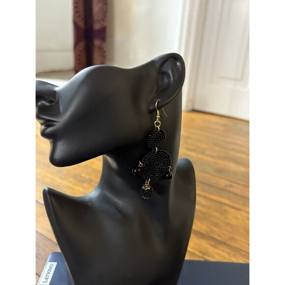 Beaded Drop Earrings Black, Seed Beaded Disc Drop Earrings, Statement 3.5” - Picture 4 of 10